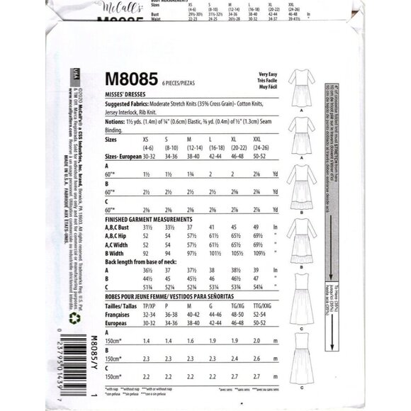 McCall's M8085 Misses XS to M Mini, Midi, Maxi Dresses Uncut Sewing Pattern New - Picture 2 of 2